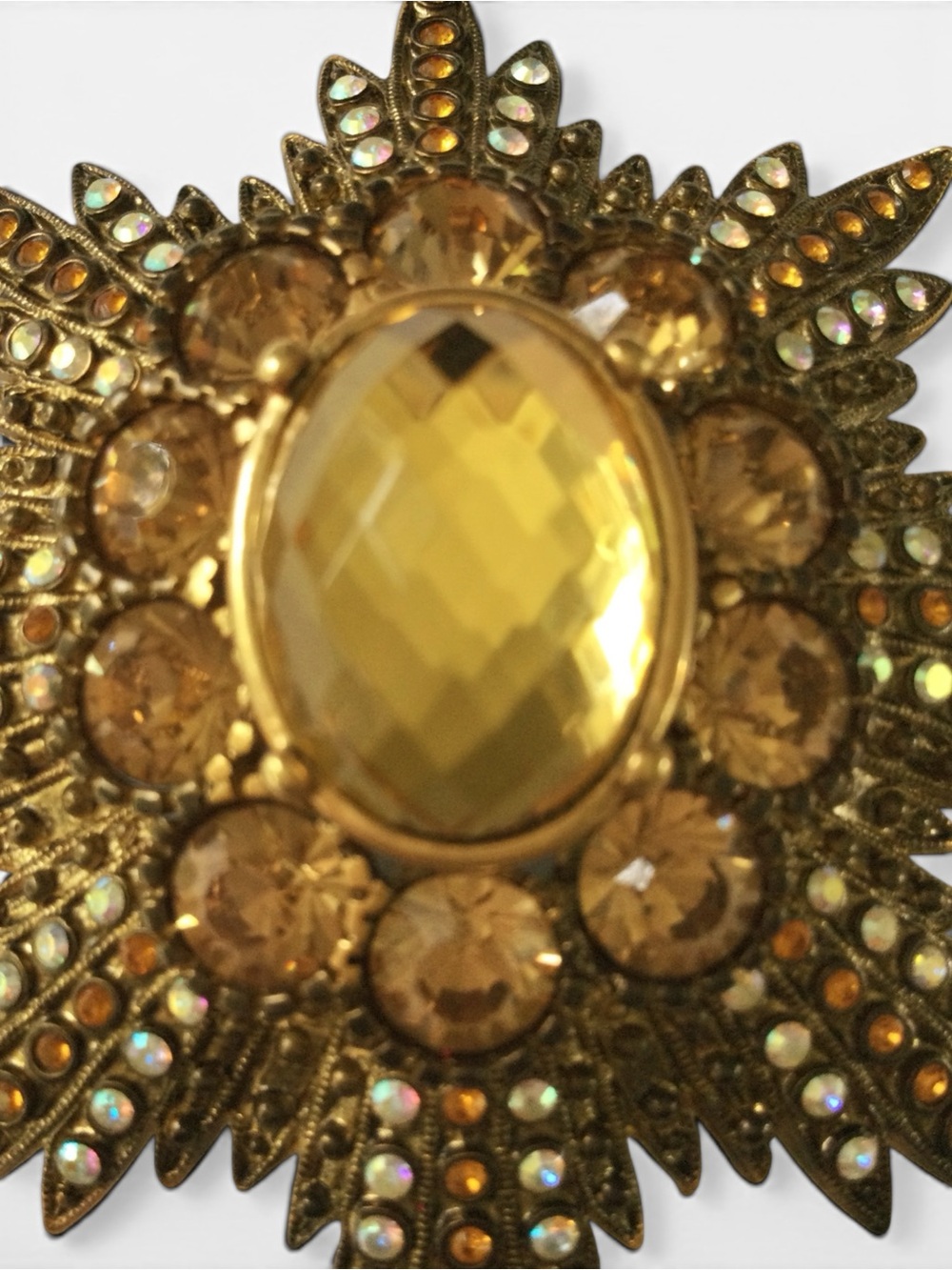Vintage Joan Rivers Signed Starburst Brooch w/ Citrine, Amber & AB Rhinestones - Picture 7 of 13